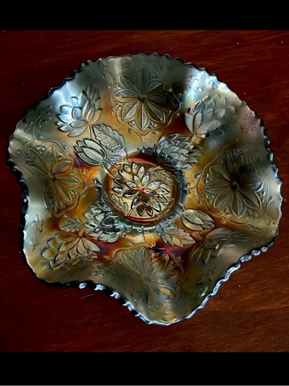 Fenton Water Lily Ruffled Dish Bowl, 3 footed carnival glass